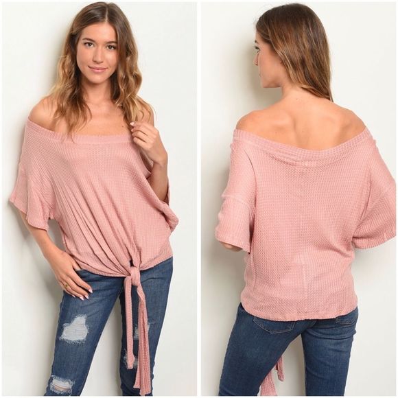 Tops - Mauve waffle knit off shoulder top